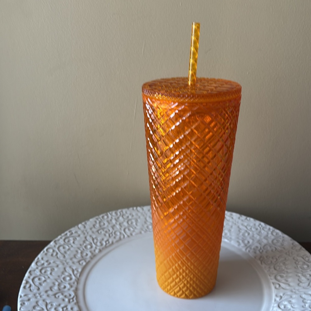 NWT Starbucks Orange Textured Ombré Tumbler with Straw - Picture 3 of 5